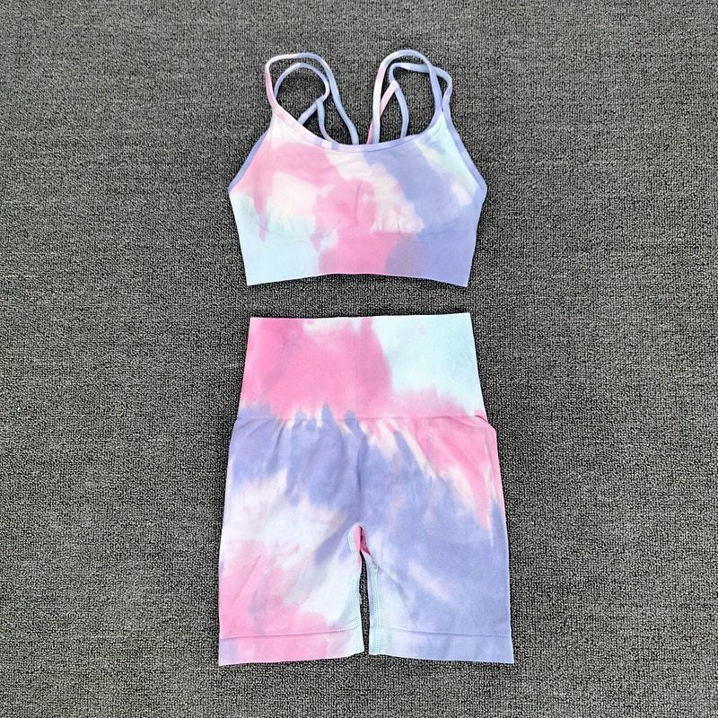 Seamless Sport Set Women Two Piece 2PCS Tie Dye Crop Bra Shorts Workout Outfit Fitness Wear Running Gym Female Yoga Sets Clothes